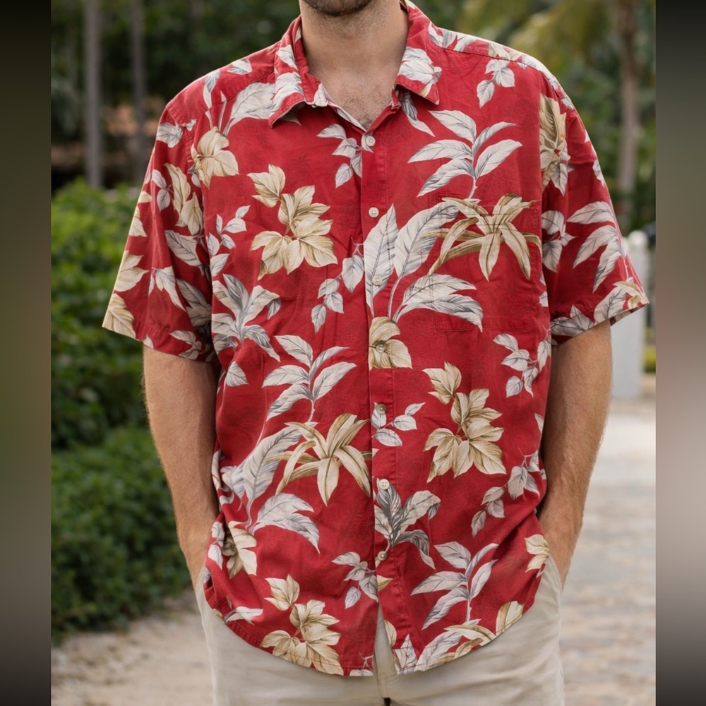 Campia Moda Red Hawaiian Button Down w/ Floral & Pineapple Pattern Shirt Men's